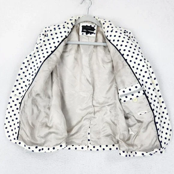 J Crew Jacket Womens 8 White Navy Blue Polka Dot Linen Schoolboy Blazer Career - Picture 8 of 15